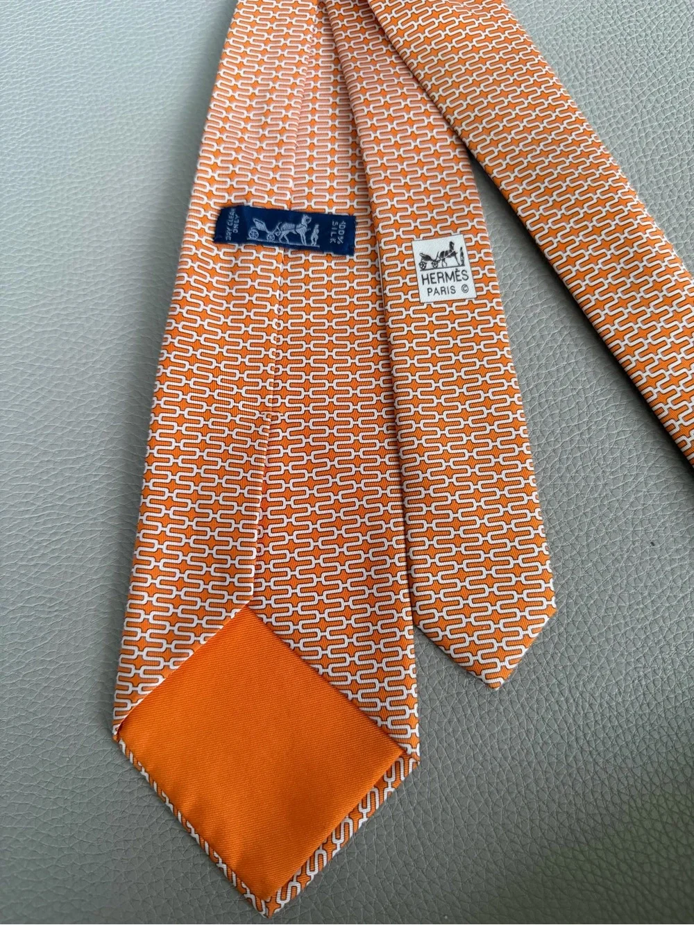 Hermes Orange and White Link-Pattern Silk Tie